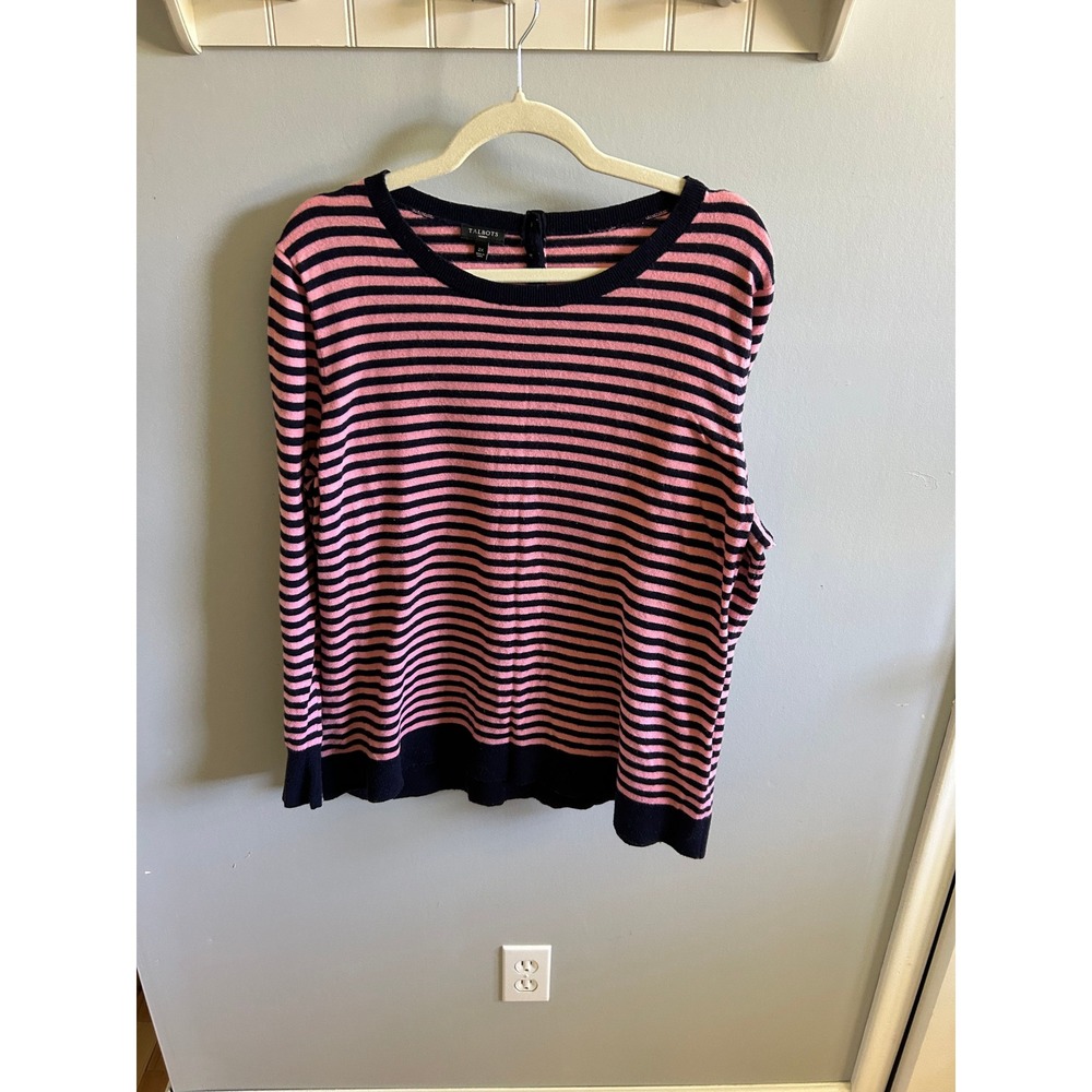 Talbots Woman Pink Navy Blue Striped Button Back Knit Sweater 2X